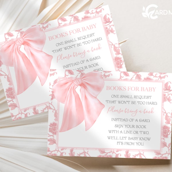 EDITABLE Pink Bow Baby Shower Book Request Cards, Build Baby's Library, Soft Pink Ribbon with Pink Border Self Edit Template BR2345