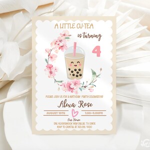 EDITABLE A Little Cu-Tea Birthday Invitations Bubble Tea and Japanese Cherry Blossom Invite Boba Tea Kawaii Girl Digital Template JP2002