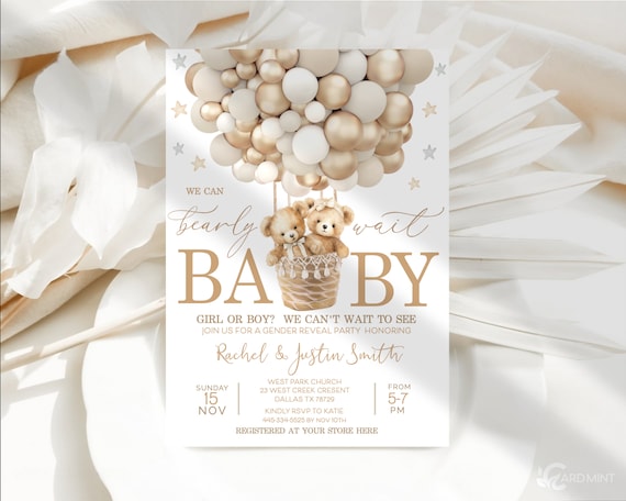 Editable Teddy Bear Invitations, Cute Gender Reveal Cozy Baby  Brown, Beige, Hot Air Balloon Invites Digital Download Template JT146