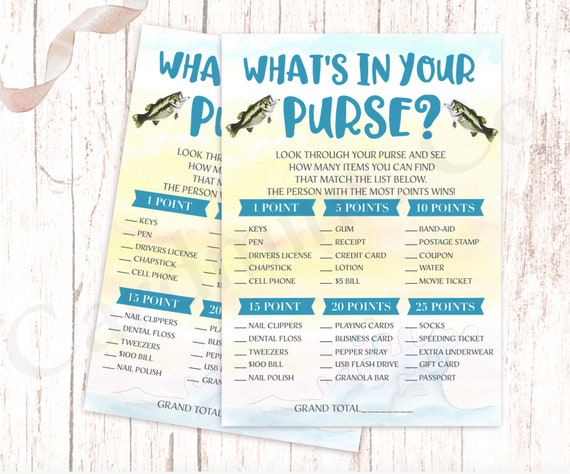 What's in Your Purse Baby Shower Game, Shower Games, Baby Game Cards, Shower  Activity Country Theme Fishing Country GM1875 