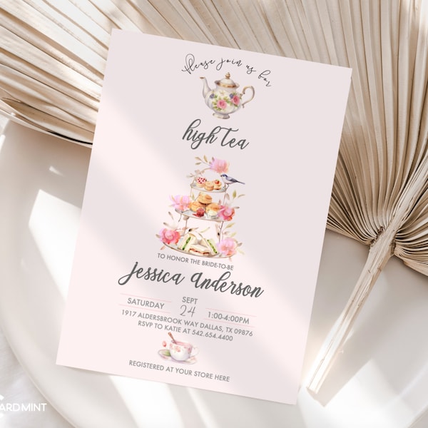 Editable High Tea Bridal Shower Bachelorette Hens Invitations, Victorian Wedding Shower Tea Party Digital Printable Template Download JP543