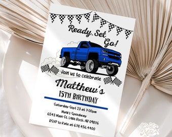 EDITABLE Truck Birthday Invitations, Blue Truck Design, Chevrolet Racing Truck Any Age Chevy Pickup Digital Download Template JT8224