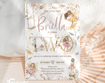 Editable Fairy 2nd Birthday Invitations, Pink and Gold Fairy Watercolor Turning Two Magical Birthday Party Invite Digital Download JT1427