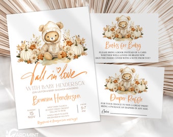 Lot de 3 invitations modifiables « Petit Ours » (motif citrouille), invitation pour baby shower, tombola de couches, demande de livres, téléchargement numérique JT1295