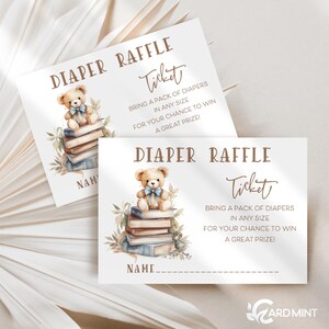 Bewerkbare berenluier loterijkaartjes babyshower, luiers meebrengen, blauw boek nieuw hoofdstuk ontwerp douchespel digitale sjabloon DR2005