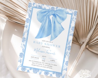 EDITABLE Baby Shower Invitation, Boy Baby Shower or Sprinkle Invite, Blue Bow with Blue Border Self Edit Template JT2333