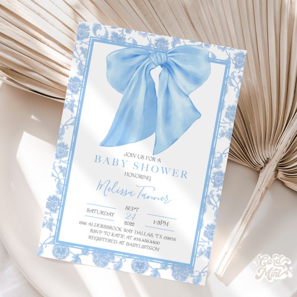 EDITABLE Baby Shower Invitation, Boy Baby Shower or Sprinkle Invite, Blue Bow with Blue Border Self Edit Template JT2333