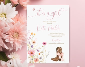 May include: A baby shower invitation with a pink floral design and a brown cowboy boot with a pink bow. The invitation includes the text "It's a Girl", "Kate Parker", "Saturday, August 23, at 3pm", "34 Aldersbrook Rd, Dallas Tx 78729", "RSVP to Laura by 8-10", "Registry", and "Kate is registered at babylist.com".