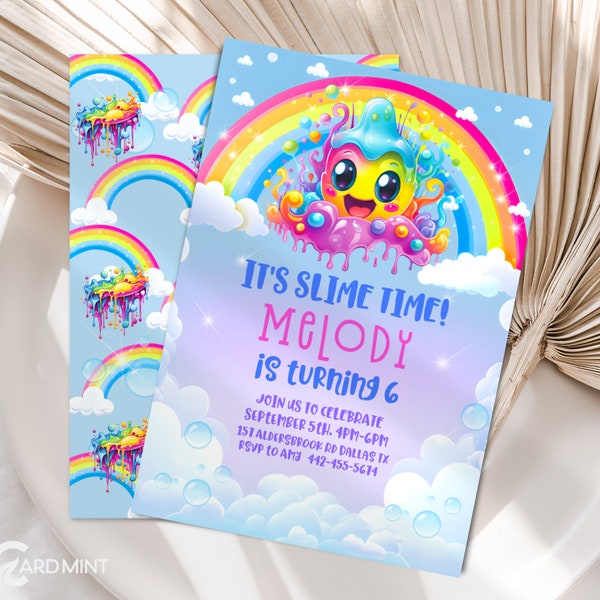 EDITABLE Slime Time Birthday Party Invitation Kawaii Octopus Rainbow Slime Party Invites Girls Frank 90s Digital Template Cute Girl JP32