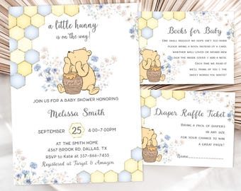 Winnie the Pooh Baby Shower Invitation Set of 3 , Hunny Bear Editable E-vite Digital Templates JT1988