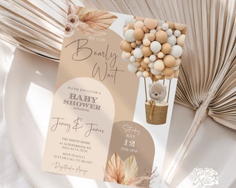 EDITABLE Bearly Wait Arch Invitation, Baby Shower Balloons Invite, Baby Boy Girl Neutral Brown White Cream tan White Beige Teddy Bear JT4502