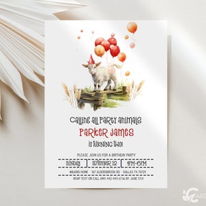 EDITABLE Party Animal Birthday Invitations, Southern Country Goat, Party Animals Birthday Beige and Red Minimalist Digital Template JT132