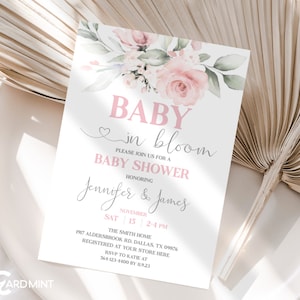 EDITABLE Pink Floral Baby Shower Invitations, Baby In Bloom Invite Pink Girl Flowers Digital Template JT562