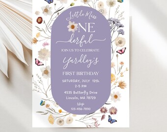 Little Miss Onederful Girl's First Party, Wildflower 1st Birthday Invitations, Digital Download Self Edit Template JT1781