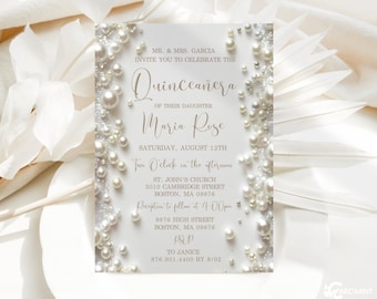 Editable Pearl Quinceañera Invitation Mis Quince Anos Birthday Invite, Sweet 15 Fiesta Rosa Digital Instant Download Template JT1292