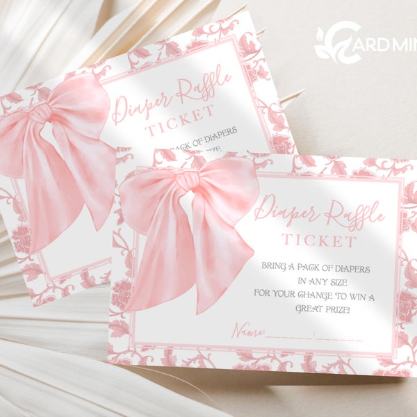 EDITABLE Pink Bow Baby Shower Diaper Tombola Tickets, Baby Shower Game, Soft Pink Ribbon avec Pink Border Self Edit Template DR2345