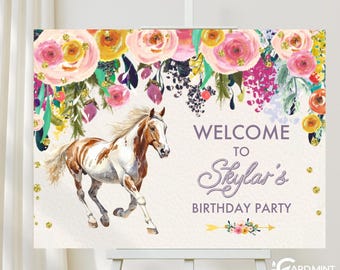 Horse Birthday Welcome Sign, Cowgirl Floral Poster, Editable Digital Template SN2185
