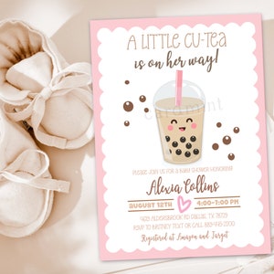 May include: Pink and white baby shower invitation with a cartoon illustration of a boba tea cup with a smiling face. The text reads "A Little Cu-Tea is on her way!" and includes the name "Alexia Collins", the date "August 12th", the time "4:00-7:00 PM", the address "4619 Aldersbrook Rd Dallas, TX 78729", the RSVP information "RSVP to Britney Text or Call 889-445-2200", and the registry information "Registered at Amazon and Target".