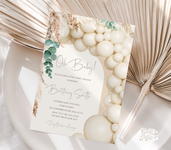 EDITABLE Baby Shower White Green Arch Invitations Baby Shower Balloons  Invite, Baby Girl Cream Beige Brown Tan Pampas Grass Printable JT1792 - Main Image