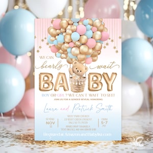 Inviti modificabili per rivelare il sesso del bambino Bearly Wait Palloncini per baby shower Inviti per neonati maschietti e femminucce Oro neutro Glitter marrone Orsetto digitale JT423