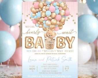 Editable Gender Reveal Bearly Wait Invitations Baby Shower Balloons Invite Baby Boy Girl Neutral Gold Glitter Brown Teddy Bear Digital JT423