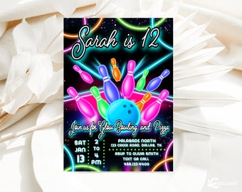 EDITABLE Glow Bowling Birthday Party Invitation, Neon Bowl Digital Party evite Digital Template JP178