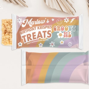 EDITIERBARE Rice Krispy Treat Wrappers, Gastgeschenke, Geburtstag, Groovy Gastgeschenke, Groovy Geburtstag 70er Thema, Vorlage Groovy One RT3122