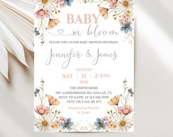 Wildflower Baby In Bloom Baby Shower Invitations, Editable Digital Template JT2108
