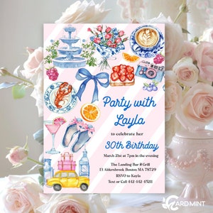 Faire-part d'invitation d'anniversaire esthétique fantaisiste, evite coquette rose preppy bleu et blanc, modèle d'invitation 30e aquarelle avec noeud JT1429