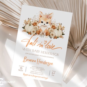 Editable Fall Boho Fox Baby Shower Pumpkin Beige Invitations Fall in Love Autumn Gender Neutral Invite Template Woodland Forest Fox JT1490