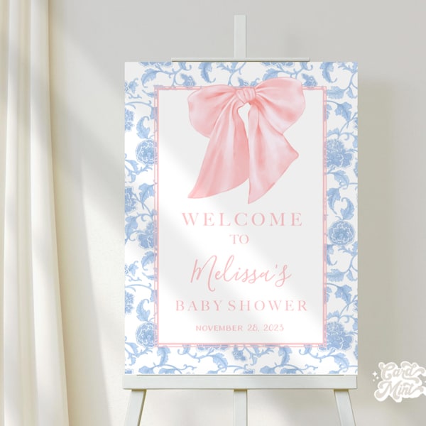 Editable Welcome Pink Bow Party Sign, Baby Shower Sign Instant Download Digital Self Edit Party Decor 18x24 SN2332