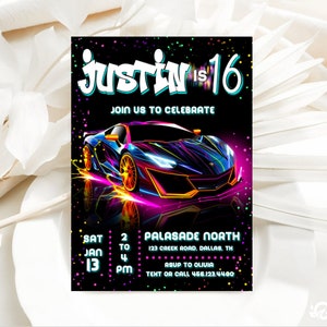 EDITIERBARE Rennauto-Geburtstags-Party-Einladung, E Vite Speed Racing, schnelle Neon-Glühen 10. 8. 9. Sport Junge Tween Party Digital bedruckbare J183