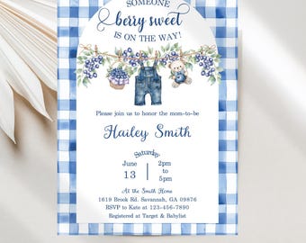 Blueberry Clothesline Baby Shower Invitations, Berry Sweet, Editable Download Template JT2126