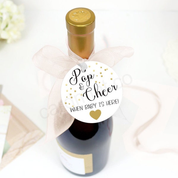 Pop And Cheer When She Pops Feier Wein Tags oder Aufkleber, Baby Shower Gastgeschenke, Champagner Tags, Digitaler Sofort Download Wine1