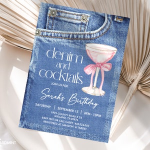 Bearbeitbare Geburtstagseinladung für Erwachsene, Denim und Cocktails, Sommerparty, Blue Jeans-Einladung, Boho 90er-Jahre-Vorlage, Download JT1331