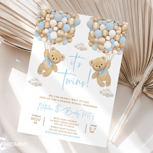 Editable It&#39;s Twins Boho Teddy Bear Arch Invitations, Cute Baby Shower Pampas Invite, Baby Boy Blue, Brown, Beige, Invites Digital JT1147