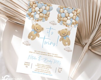 Bearbeitbar Es ist Zwillinge Boho Teddybär Bogen-Einladungen, niedliche Babyparty Pampas einladen, Baby Junge Blau, Braun, Beige, lädt Digital JT1147 ein