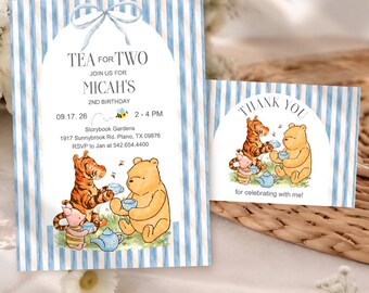 Pooh and Friends Birthday Tea Party Invitation and Thank You Card, Digital Template JT2179 set