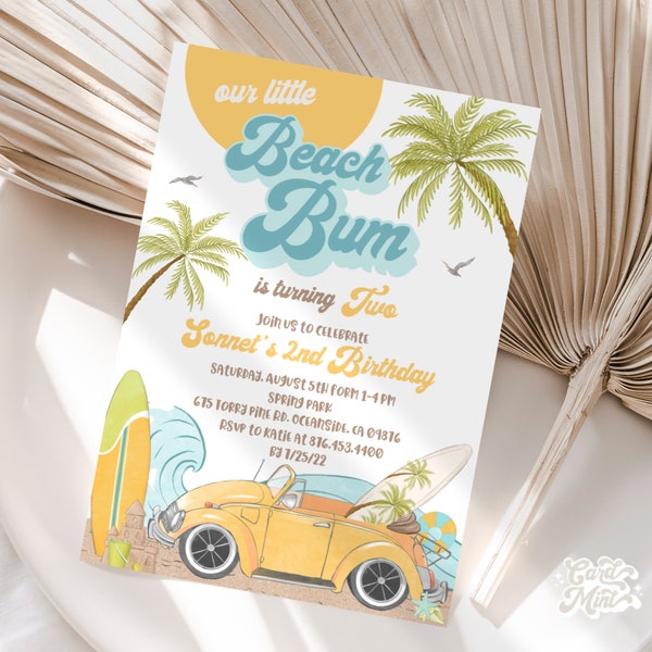 Editable Beach Birthday Invitations, Vintage Yellow 60's Birthday Party, Tropical Beach Bum Surfer Ride a Wave Digital Template JT1212