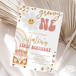 EDITABLE First Birthday Groovy One Birthday Party Invitations 1st Retro Hippy Bus Invites, Daisy Smiley Face Boho 70's Hippie Van JT1826