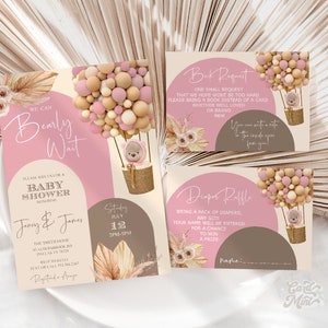 EDITABLE Bearly Wait Arch Invitación Conjunto de 3, Baby Shower, Globo aerostático, Baby Girl Pink, Brown, Cream Teddy Bear Arch Descargar JT4506