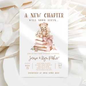 May include: A baby shower invitation with a watercolor illustration of a teddy bear sitting on a stack of books. The invitation is for a baby shower honoring Jessica & Ryan Parker. The event will be held on Sunday, November 15th at West Park Church in Dallas, Texas. RSVP to Katie by November 10th.