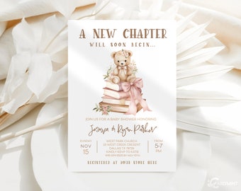 EDITABLE Teddy Bear Invitations, New Chapter Shower Cozy Book Invite, Baby Girl Pink, Brown, Beige Digital Instant Download Template JT2007