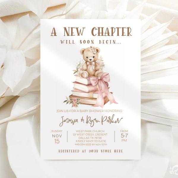 EDITABLE Teddy Bear Invitations, New Chapter Shower Cozy Book Invite, Baby Girl Pink, Brown, Beige Digital Instant Download Template JT2007