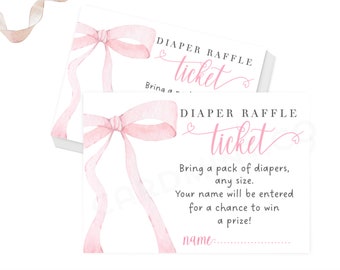 EDITABLE Pink Bow Diaper Raffle Tickets for Baby Shower, Party Raffle Cards Digital Download Template DR3023