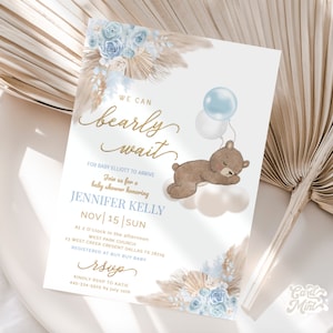 INVITI MODIFICABILI Boho Teddy Bear Arch, simpatico Baby Shower Pampas palloncini invitano, Baby Boy blu, marrone, beige, invita Digital JT57