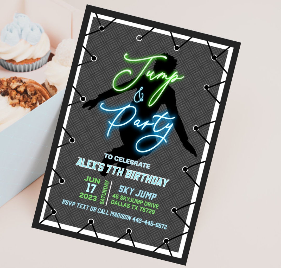 EDITABLE Trampoline Park Jump Birthday Party Glow Neon Invitation, E ...