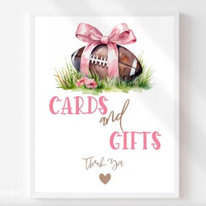 Placa de mesa para chá de bebê de menina de futebol, cartões e presentes, chá de bebê com laço rosa para menina, festa rústica para porta-malas, download instantâneo digital 8x10 SN156