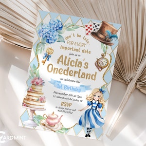 MODIFIABLE Alice au pays des merveilles Onederland Tea Party Invitations d’anniversaire, hortensia, Jardin Rouge Bleu Un premier modèle numérique imprimable JP61