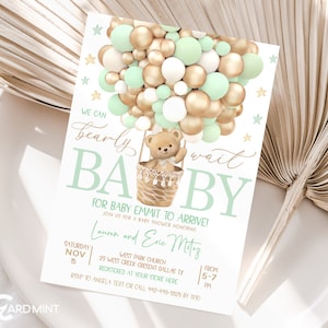 EDITABLE Teddy Bear We Bearly Wait Arch Invitations, Cute Baby Shower Balloons Invite, Baby Green Neutral, Beige, Template Digital JT426